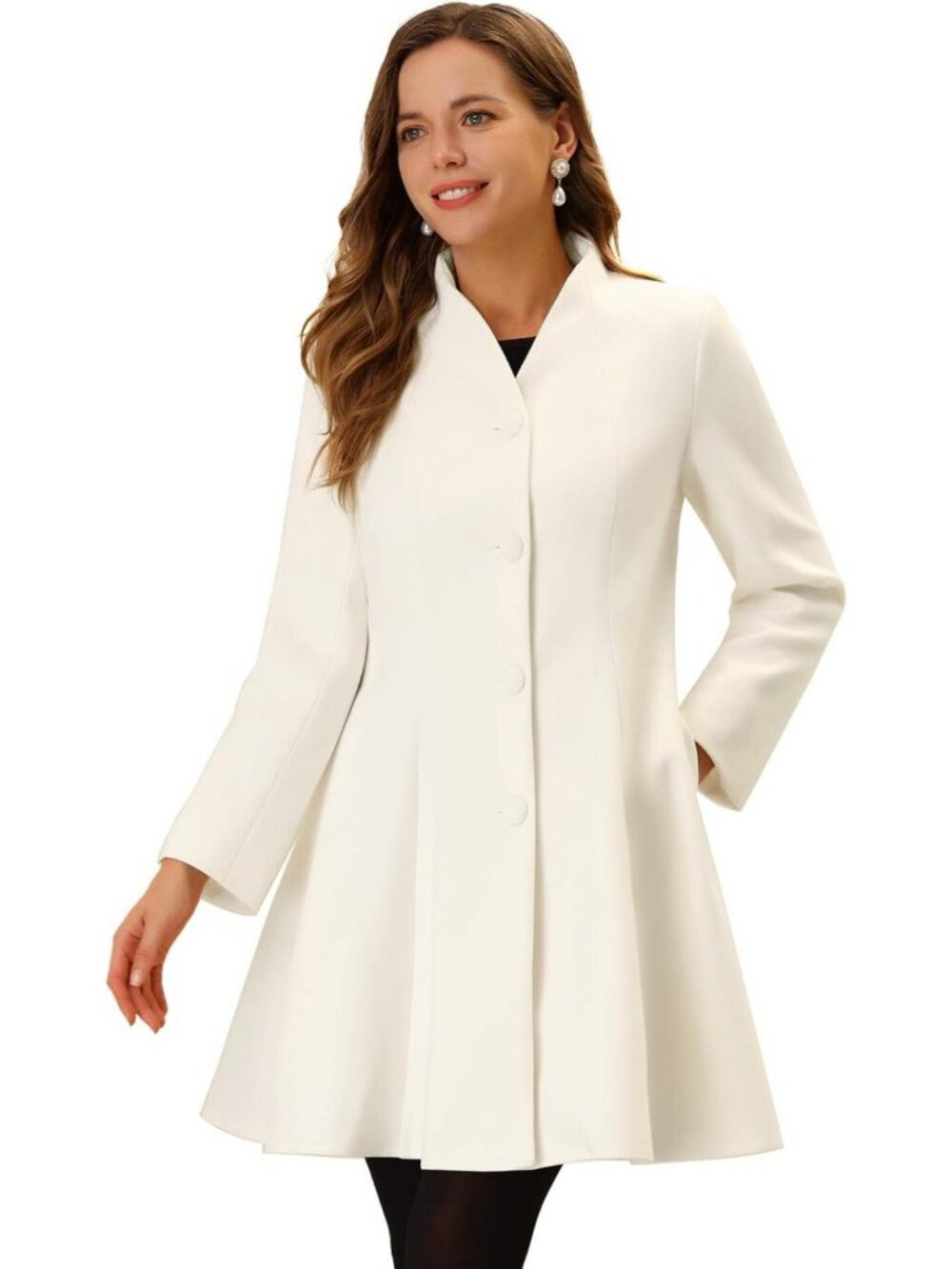 Chic Women's A-Line Mid-Length Pea Coat, Single Breasted Winter Overcoat
